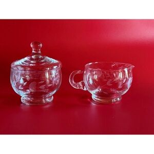 Princess House Heritage Etched Floral Clear Crystal Sugar Bowl W/Lid Creamer Set